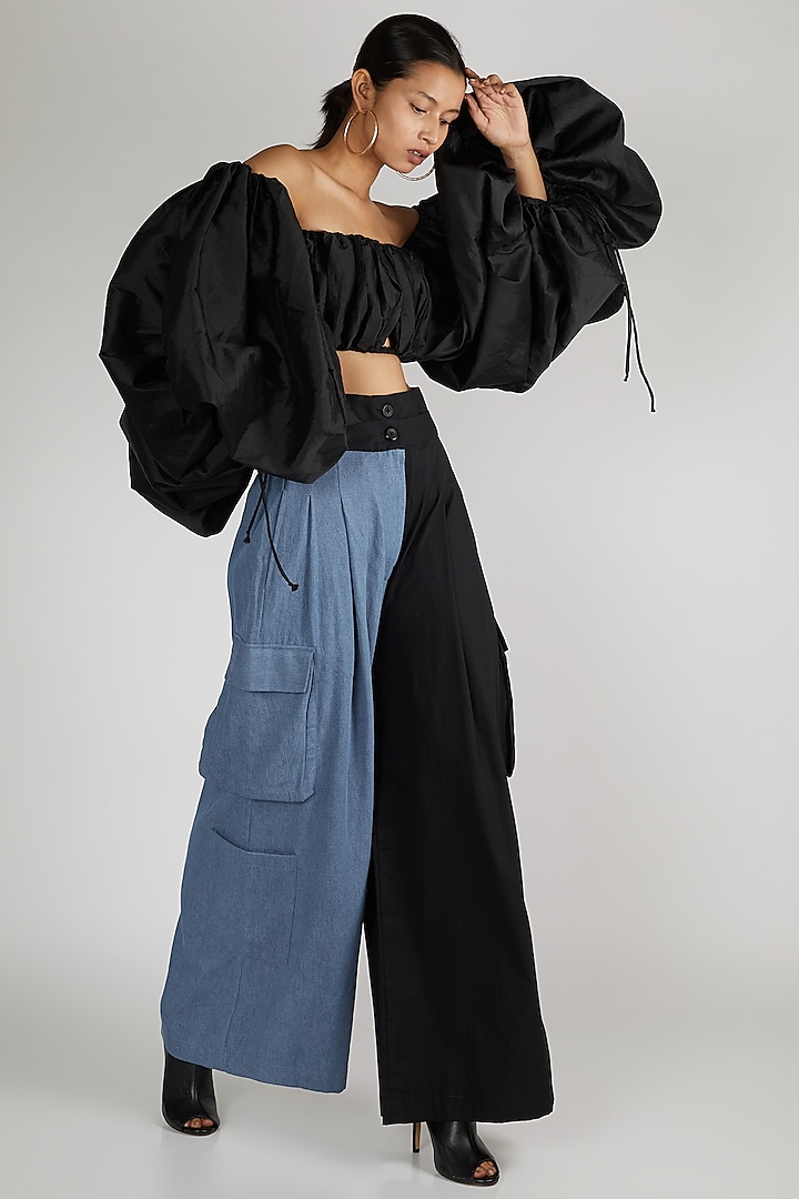 Black Crop Top With Exaggerated Sleeves by Deme By Gabriella