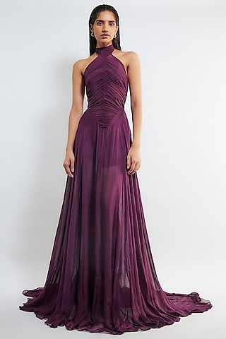 Wine Malai Lycra & Chiffon Maxi Dress by Deme by Gabriella