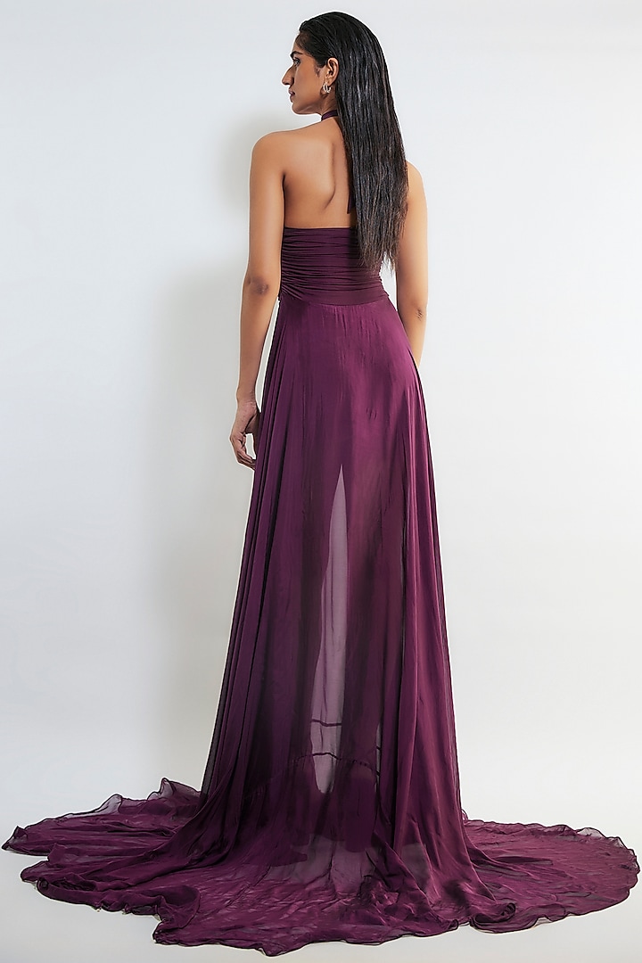 Wine Malai Lycra & Chiffon Maxi Cocktail Dress by Deme by Gabriella at Pernia's Pop Up Shop