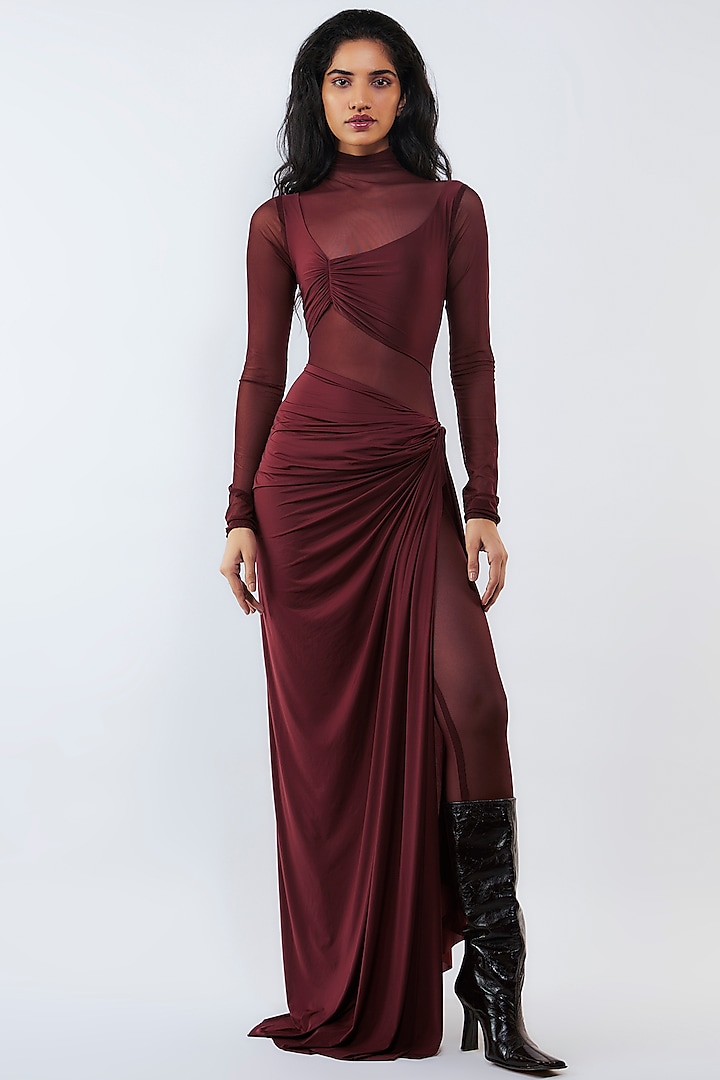 Cherry Red Malai Lycra & Net Pleated Maxi Dress by Deme by Gabriella
