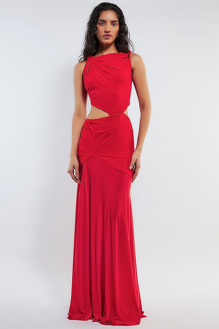 Red Net Ruched Maxi Vacation Dress by Deme by Gabriella at Pernia's Pop Up Shop