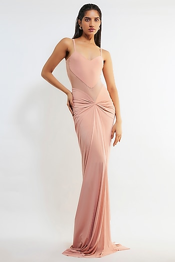 Peach Malai Lycra & Net Gathered Vacation Dress by Deme by Gabriella at Pernia's Pop Up Shop