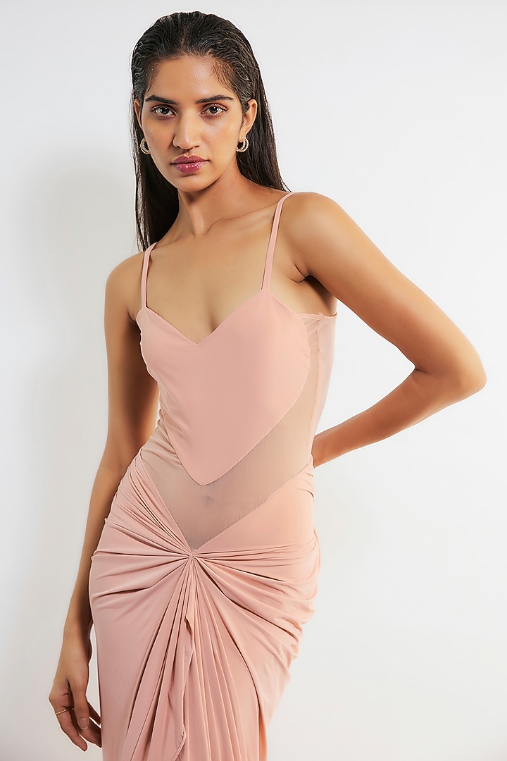 Peach Malai Lycra & Net Gathered Vacation Dress by Deme by Gabriella at Pernia's Pop Up Shop