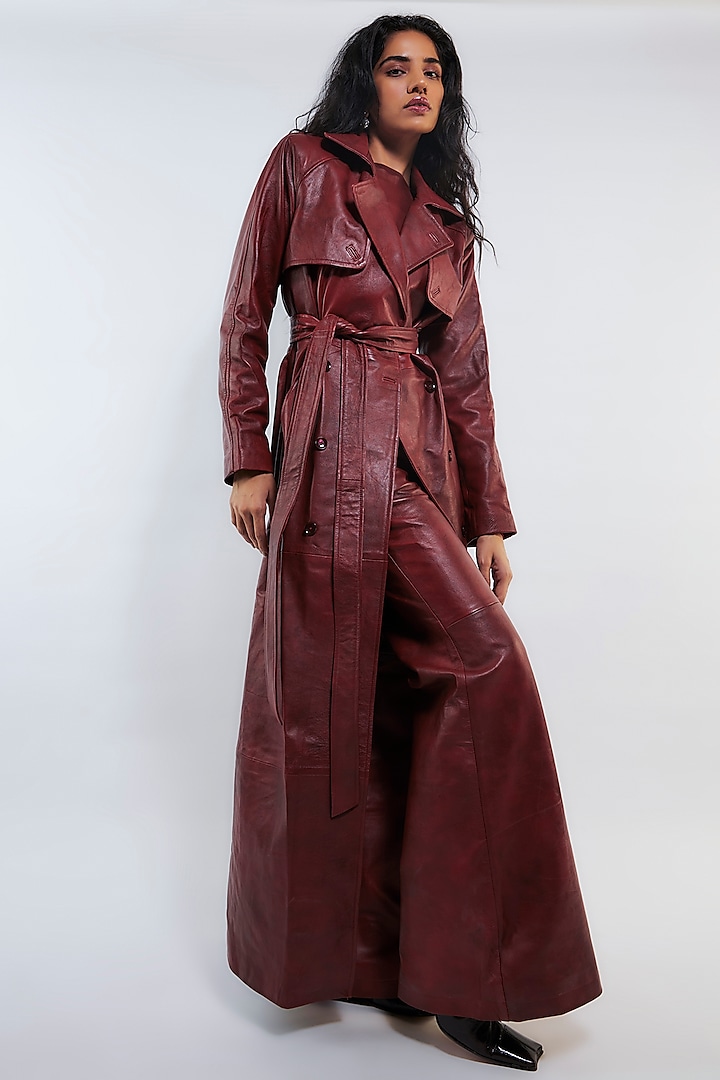 Cherry Red Leather Trench Coat Set by Deme by Gabriella