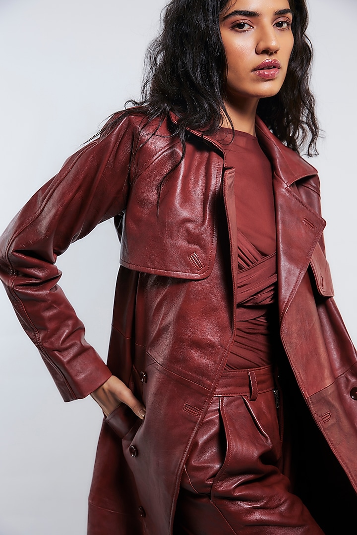 Cherry Red Leather Trench Coat Set by Deme by Gabriella at Pernia's Pop Up Shop