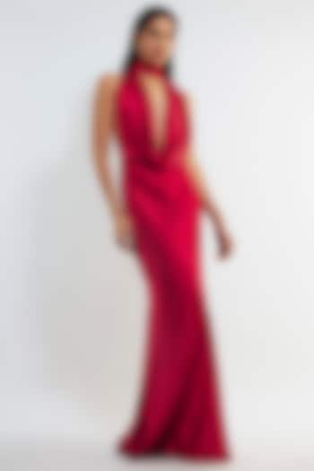Red Satin Backless Maxi Dress by Deme by Gabriella