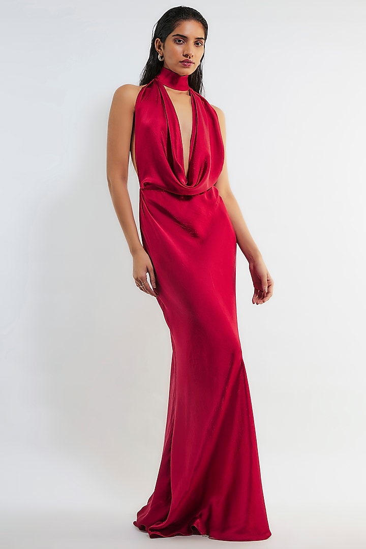 Red Satin Backless Maxi Dress by Deme by Gabriella