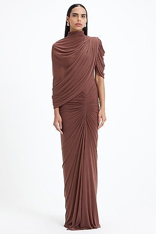 Mocha Brown Malai Lycra & Net Layered Draped Gown by Deme by Gabriella