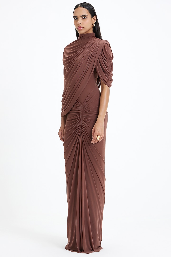 Mocha Brown Malai Lycra & Net Layered Draped Engagement Gown by Deme by Gabriella at Pernia's Pop Up Shop
