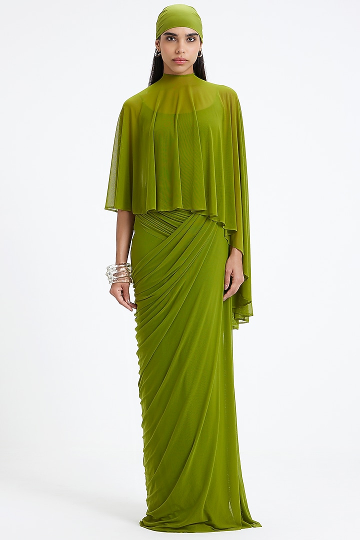 Lime Green Malai Lycra & Net Asymmetric Cape Engagement Gown by Deme by Gabriella at Pernia's Pop Up Shop
