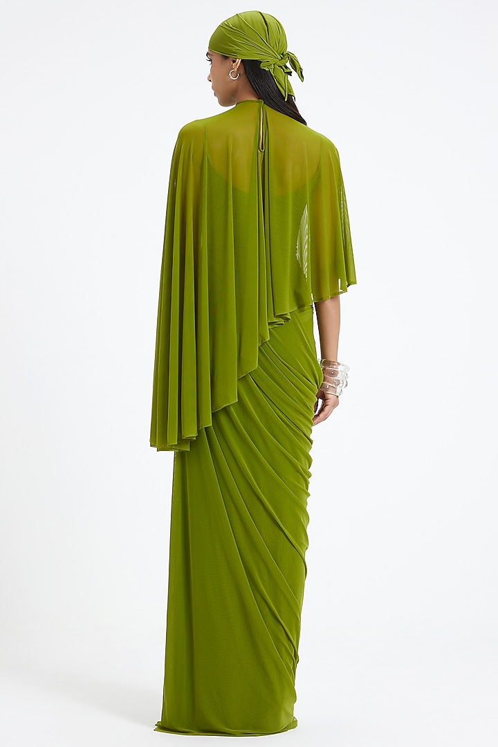 Lime Green Malai Lycra & Net Asymmetric Engagement Gown With Cape by Deme by Gabriella at Pernia's Pop Up Shop
