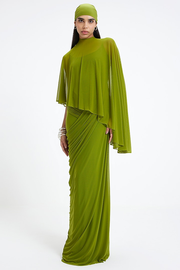 Lime Green Malai Lycra & Net Asymmetric Engagement Gown With Cape by Deme by Gabriella at Pernia's Pop Up Shop