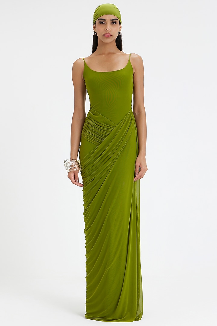 Lime Green Malai Lycra & Net Asymmetric Engagement Gown With Cape by Deme by Gabriella at Pernia's Pop Up Shop