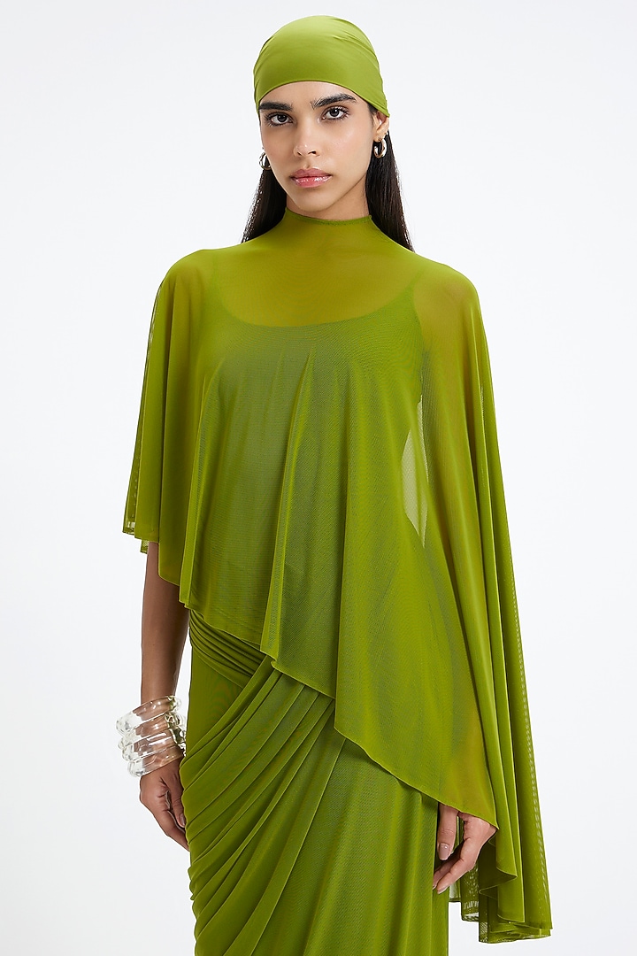 Lime Green Malai Lycra & Net Asymmetric Engagement Gown With Cape by Deme by Gabriella at Pernia's Pop Up Shop
