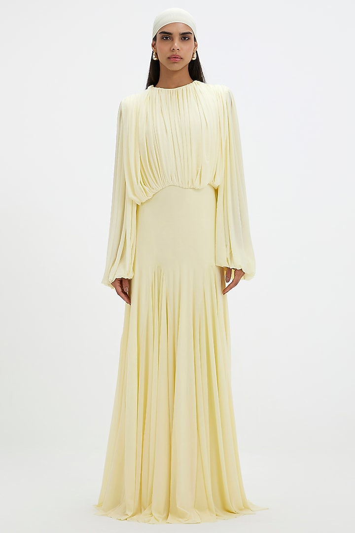 Butter Yellow Malai Lycra & Net Pleated Engagement Gown by Deme by Gabriella at Pernia's Pop Up Shop