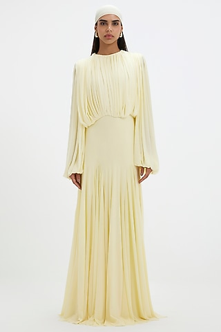 Butter Yellow Malai Lycra & Net Pleated Gown by Deme by Gabriella