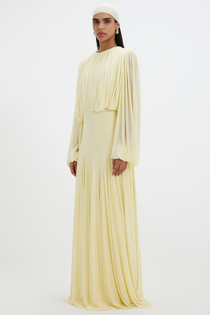 Butter Yellow Malai Lycra & Net Pleated Engagement Gown by Deme by Gabriella at Pernia's Pop Up Shop