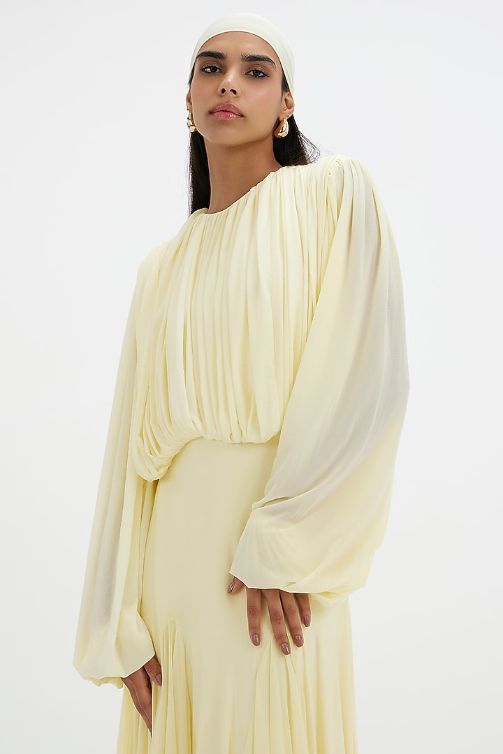 Butter Yellow Malai Lycra & Net Pleated Engagement Gown by Deme by Gabriella at Pernia's Pop Up Shop