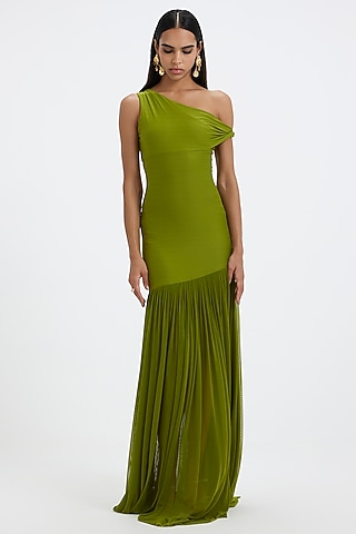 Lime Green Mala Lycra & Net One-Shoulder Pleated Gown by Deme by Gabriella
