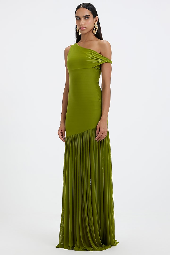 Lime Green Mala Lycra & Net One-Shoulder Pleated Engagement Gown by Deme by Gabriella at Pernia's Pop Up Shop