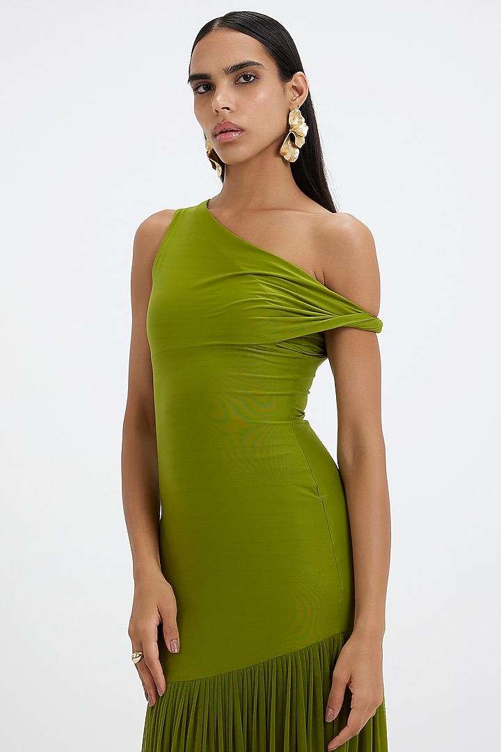 Lime Green Mala Lycra & Net One-Shoulder Pleated Engagement Gown by Deme by Gabriella at Pernia's Pop Up Shop