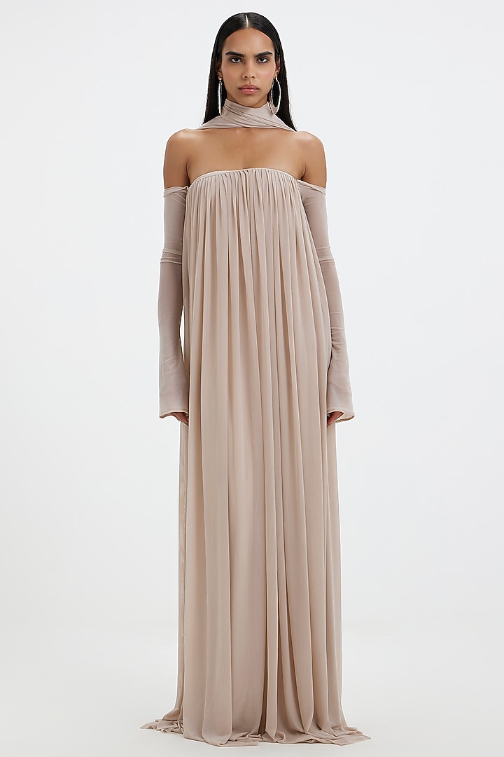 Egg-White Malai Lycra & Net Off-Shoulder Pleated Engagement Gown by Deme by Gabriella at Pernia's Pop Up Shop