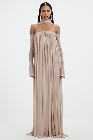 Egg-White Malai Lycra & Net Off-Shoulder Pleated Gown by Deme by Gabriella