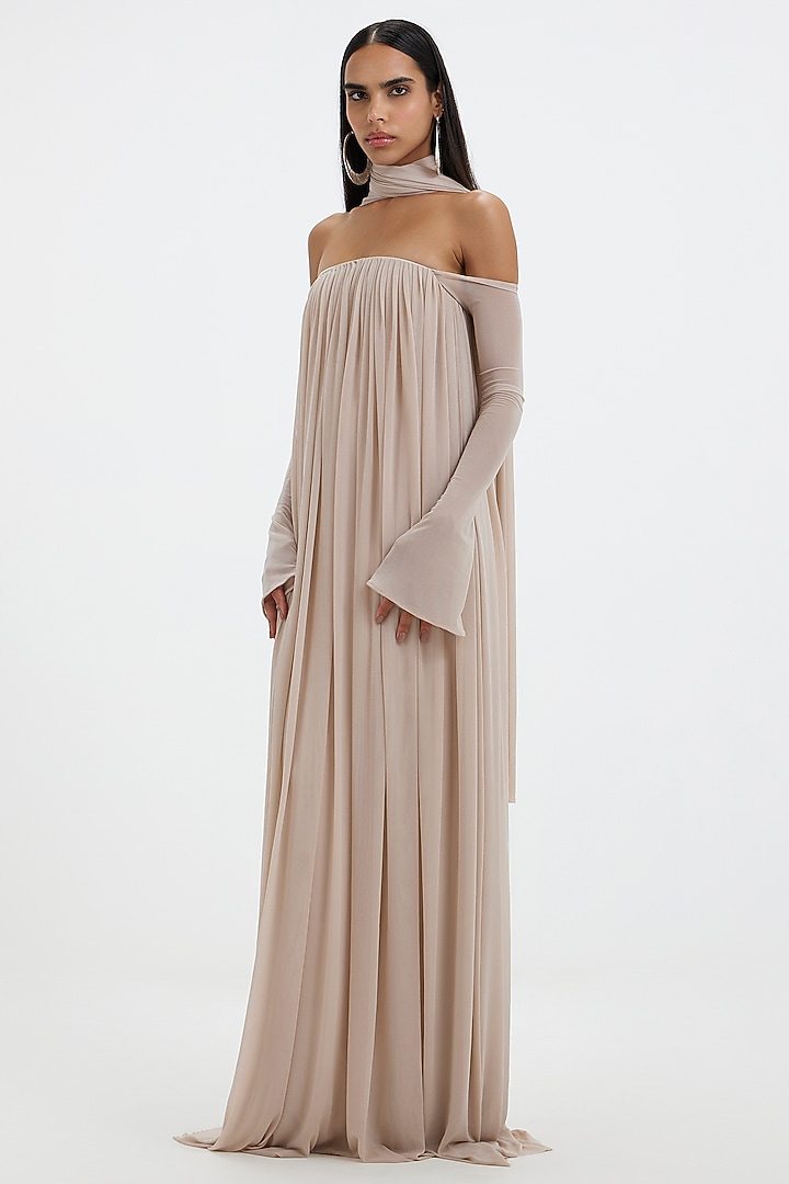Egg-White Malai Lycra & Net Off-Shoulder Pleated Engagement Gown by Deme by Gabriella at Pernia's Pop Up Shop