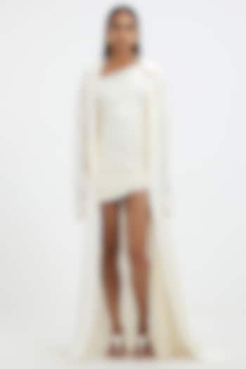 Off-White Satin Draped Asymmetric Mini Party Wear Dress by Deme by Gabriella at Pernia's Pop Up Shop