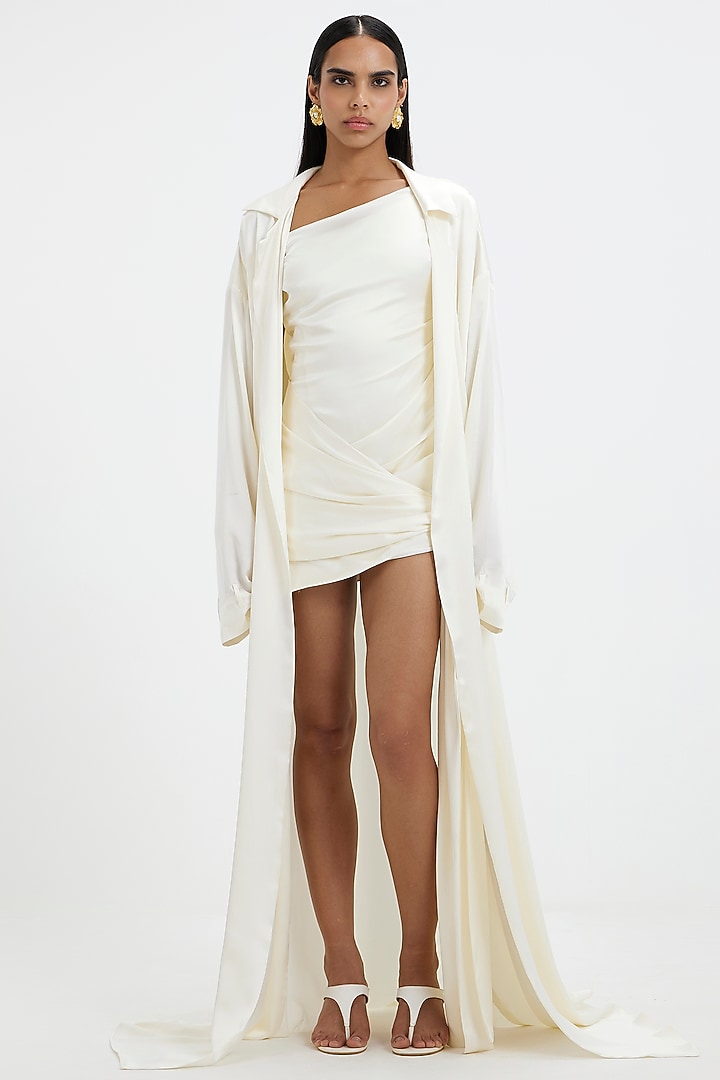 Off-White Satin Draped Asymmetric Mini Party Wear Dress by Deme by Gabriella at Pernia's Pop Up Shop