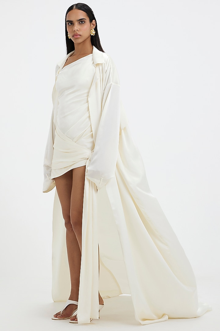 Off-White Satin Draped Asymmetric Mini Party Wear Dress by Deme by Gabriella at Pernia's Pop Up Shop