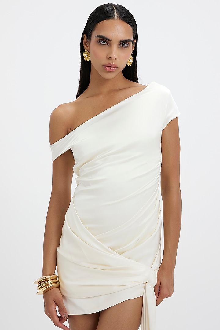 Off-White Satin Draped Asymmetric Mini Party Wear Dress by Deme by Gabriella at Pernia's Pop Up Shop