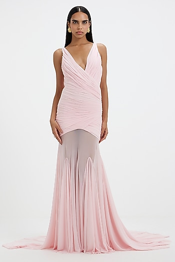 Baby Pink Malai Lycra & Net Ruched Flared Engagement Gown by Deme by Gabriella at Pernia's Pop Up Shop
