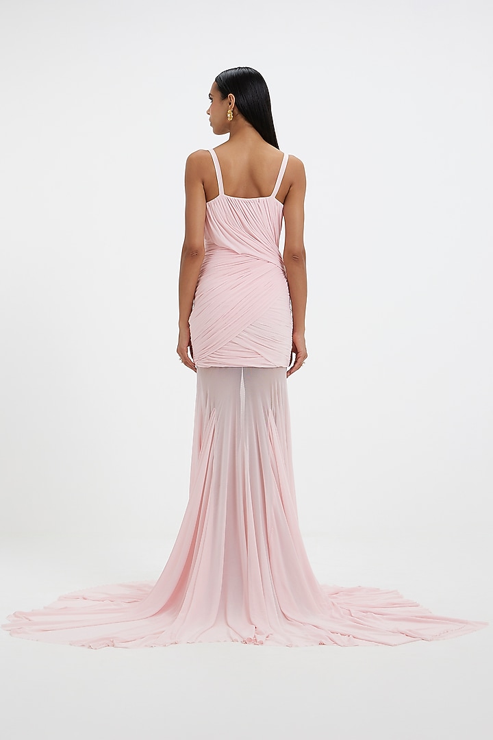 Baby Pink Malai Lycra & Net Ruched Flared Engagement Gown by Deme by Gabriella at Pernia's Pop Up Shop