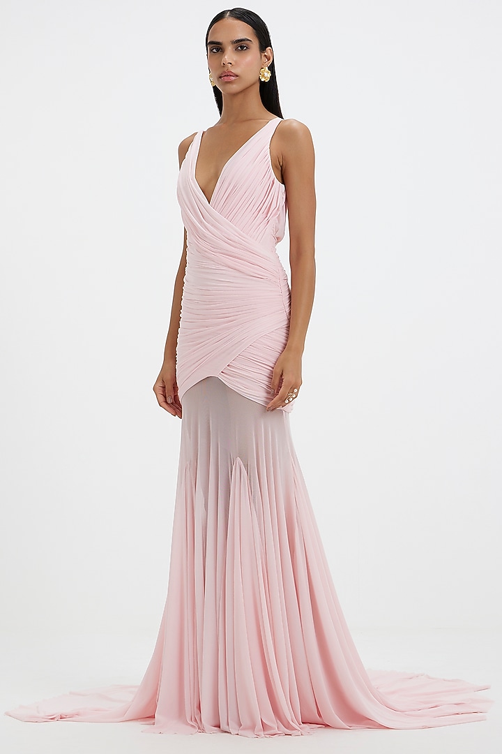 Baby Pink Malai Lycra & Net Ruched Flared Engagement Gown by Deme by Gabriella at Pernia's Pop Up Shop