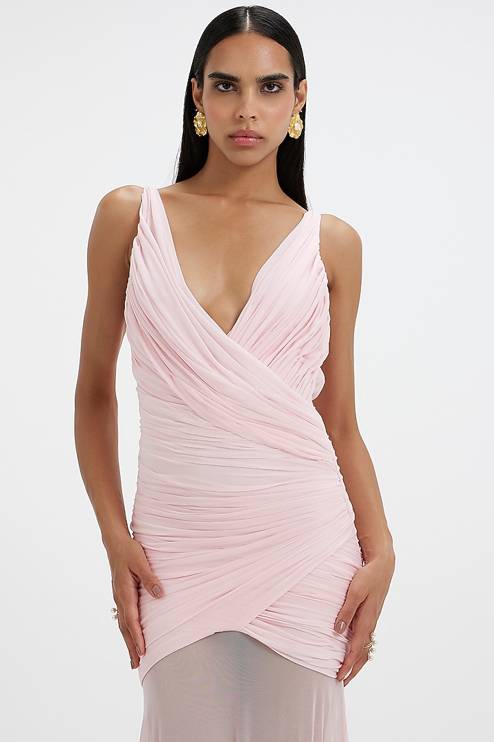 Baby Pink Malai Lycra & Net Ruched Flared Engagement Gown by Deme by Gabriella at Pernia's Pop Up Shop