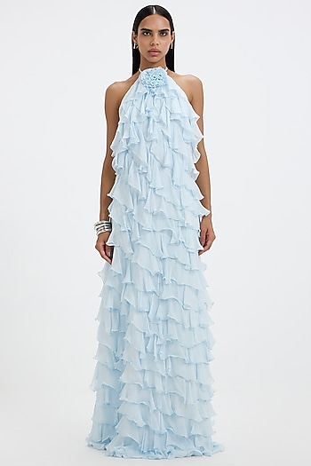 Baby Blue Chiffon Ruffled A-Line Cocktail Dress by Deme by Gabriella at Pernia's Pop Up Shop