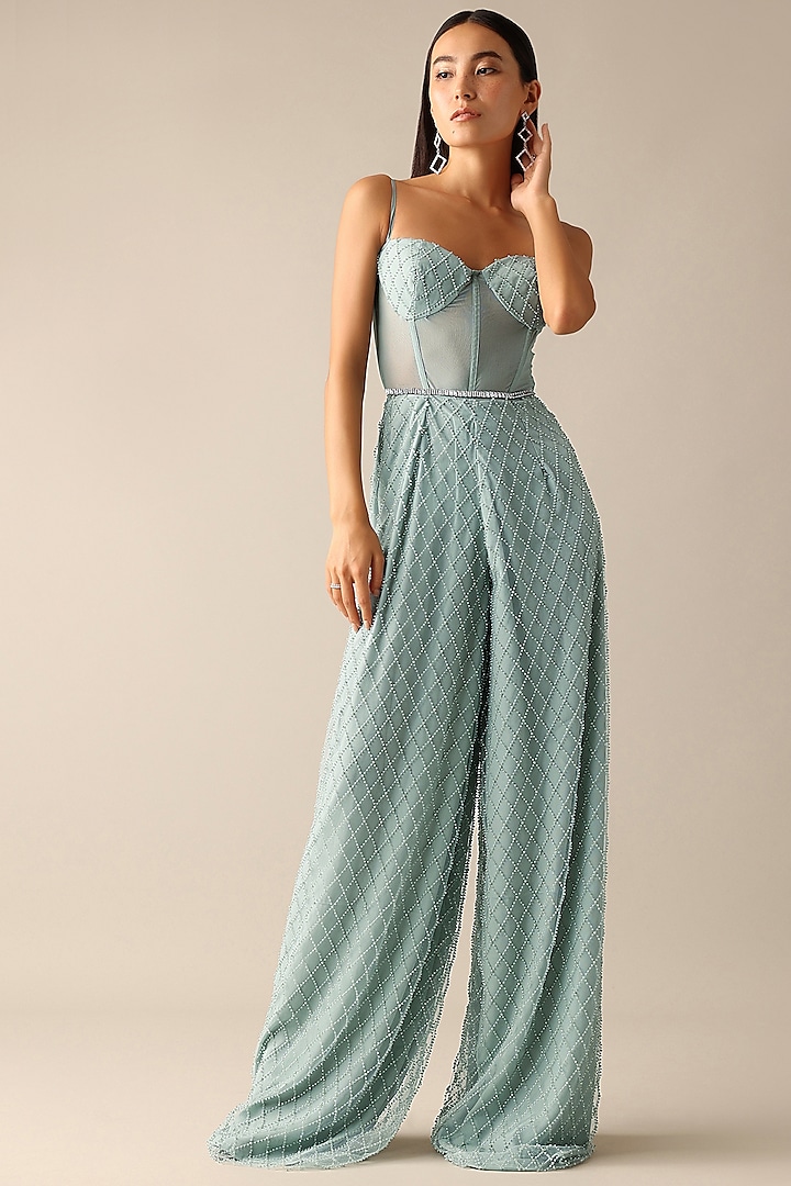 Mint Green Net Beaded Jumpsuit by Deme X Kalki