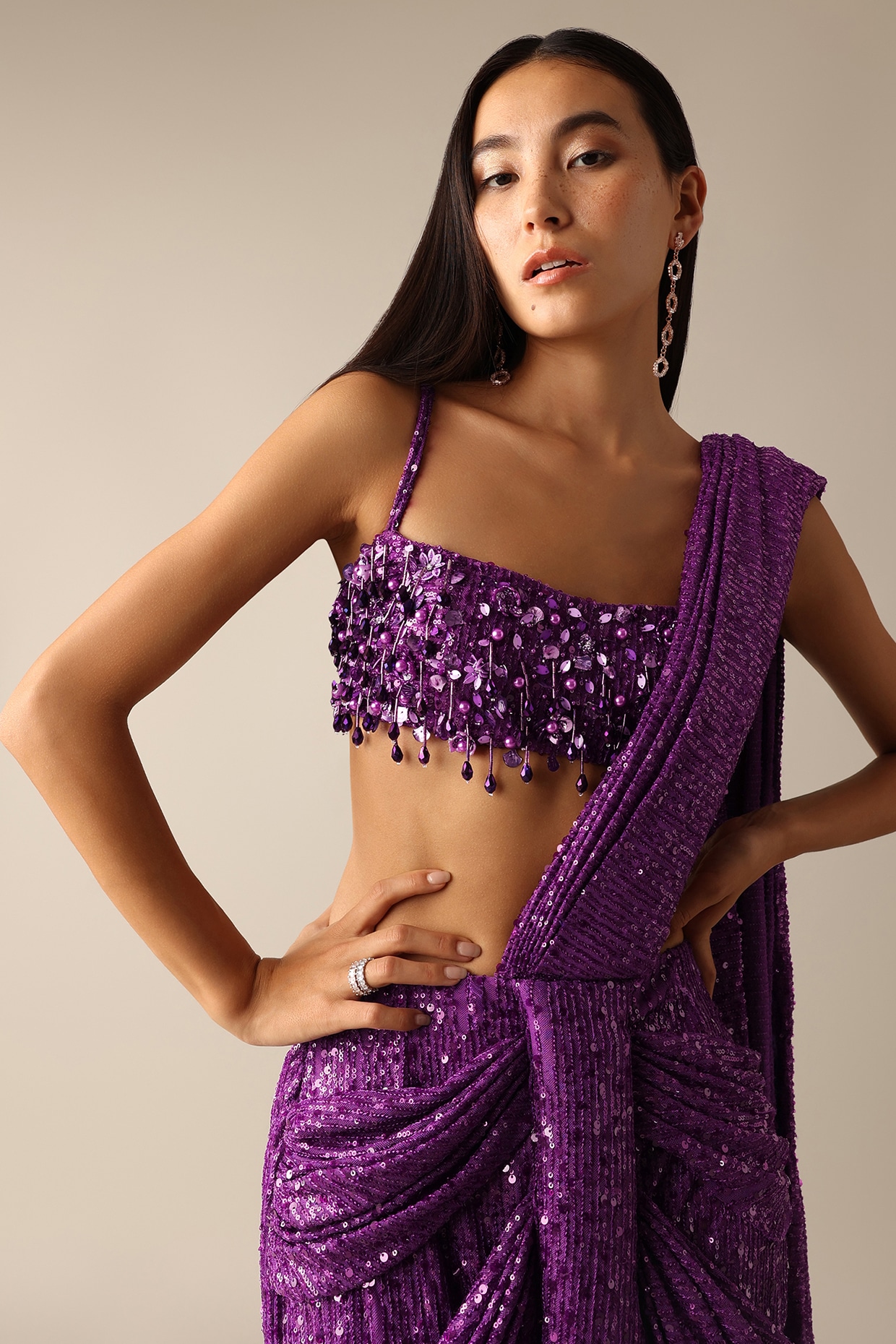 Lavender Sequins Saree With Blouse Fabric – Tirumala Designers