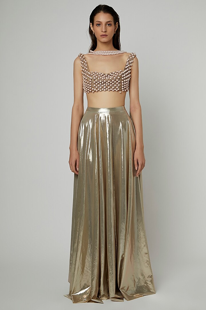 Metallic Gold Lycra Skirt Set by Deme by Gabriella