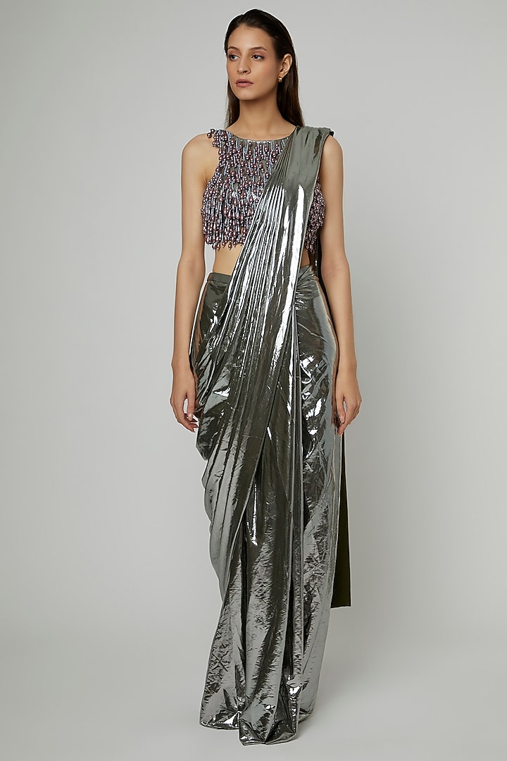 Silver Metallic Lycra Pre-Pleated Saree Set by Deme by Gabriella at Pernia's Pop Up Shop