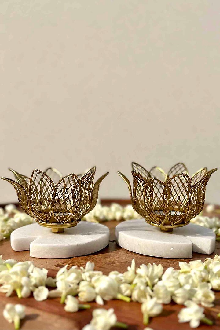 Gold Metal & Marble Lotus Votive Holder Set Of 2 by Mason Home at Pernia's Pop Up Shop