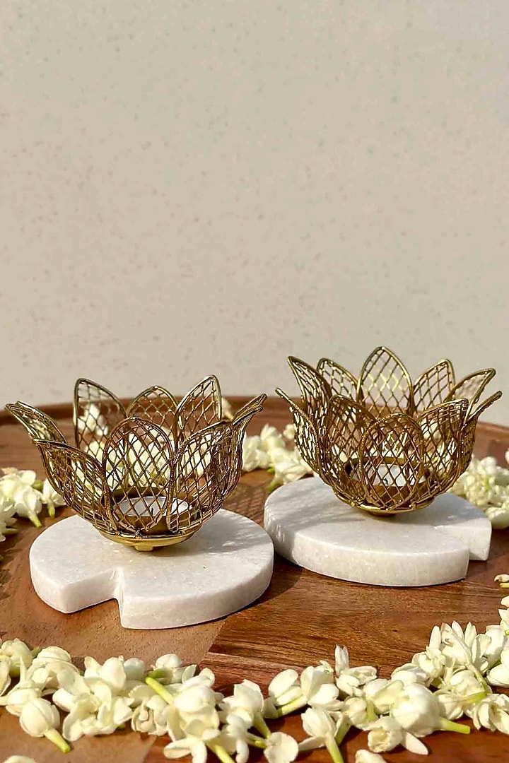 Gold Metal & Marble Lotus Votive Holder Set Of 2 by Mason Home at Pernia's Pop Up Shop