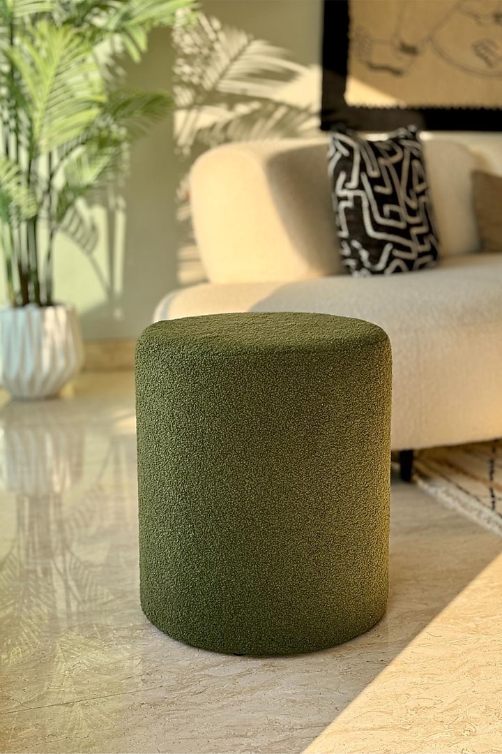 Emerald Green Boucle & Stainless Steel Pouffe by Mason Home at Pernia's Pop Up Shop