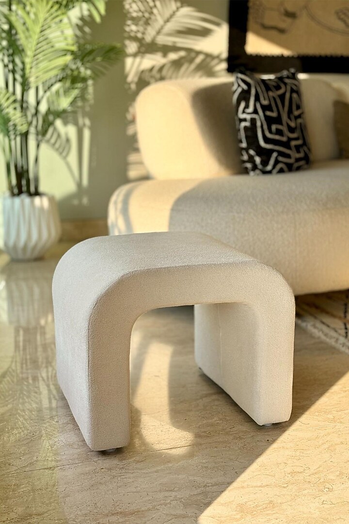 White Boucle & Stainless Steel Pouffe by Mason Home at Pernia's Pop Up Shop