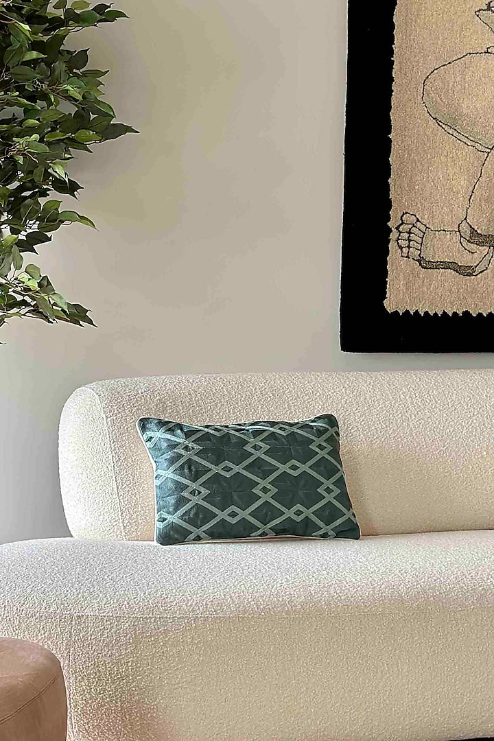 Dark Green Cotton Geometric Embroidered Cushion Cover by Mason Home