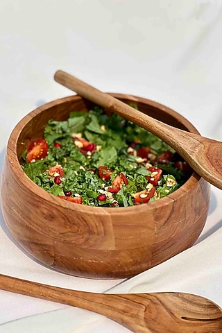 Brown Acacia Wooden Salad Bowl With Servers Set by Mason Home