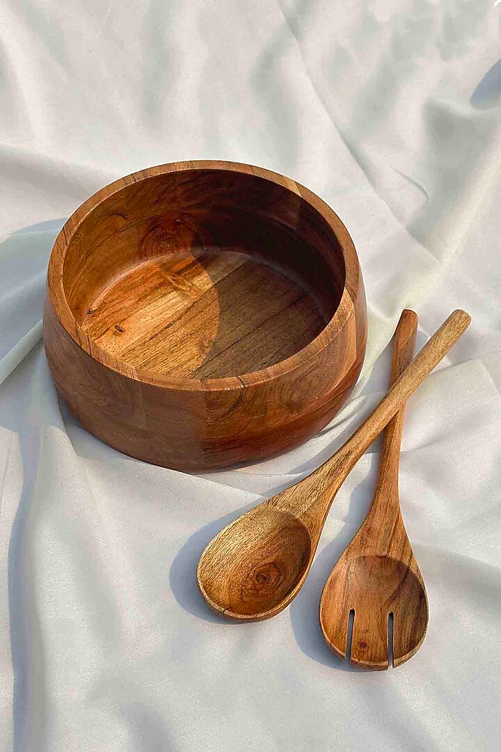 Brown Acacia Wooden Salad Bowl With Servers Set by Mason Home at Pernia's Pop Up Shop