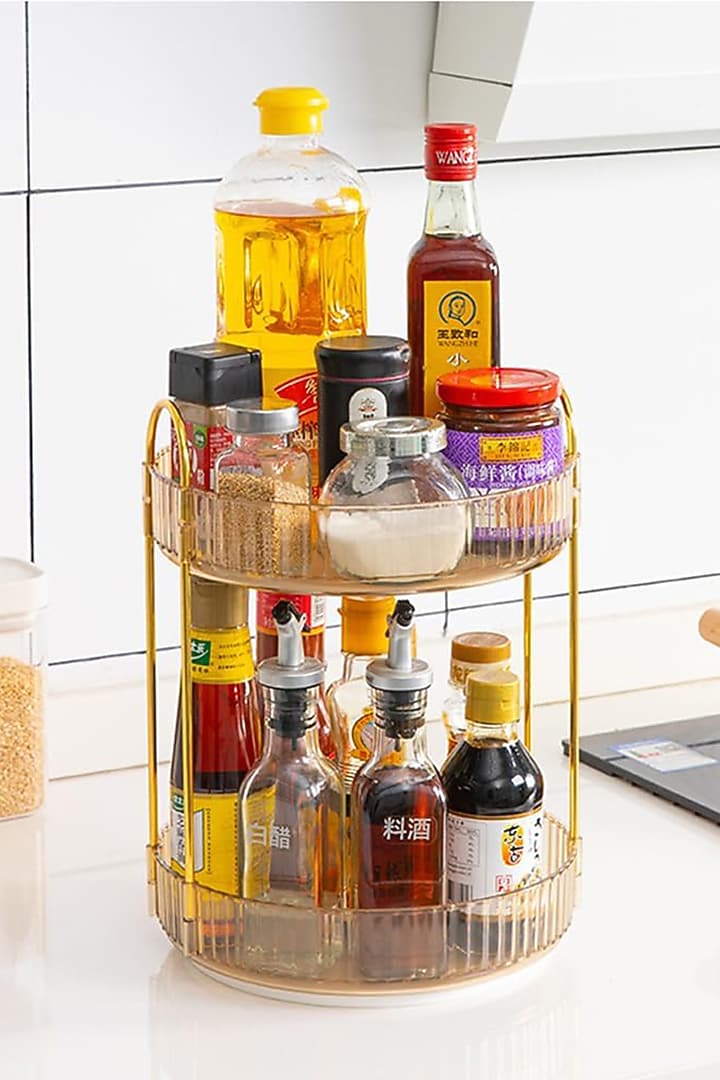 Amber Plastic & Metal Two-Tier Rotating Makeup Organizer by Mason Home at Pernia's Pop Up Shop