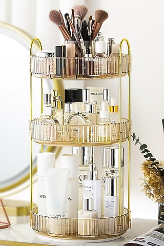 Amber Plastic & Metal Three-Tier Rotating Makeup Organizer by Mason Home